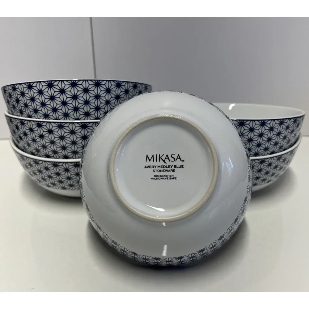 MIKASA Stoneware AVERY MEDLEY BLUE Geometric Design Bowls Set of 6